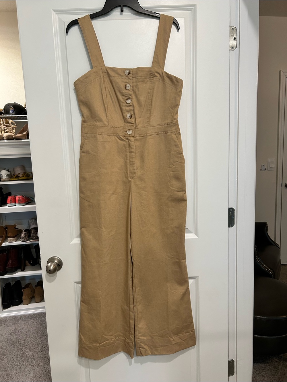 NWT MABLE Tan Button Front Wide Leg Jumpsuit Overalls Size L